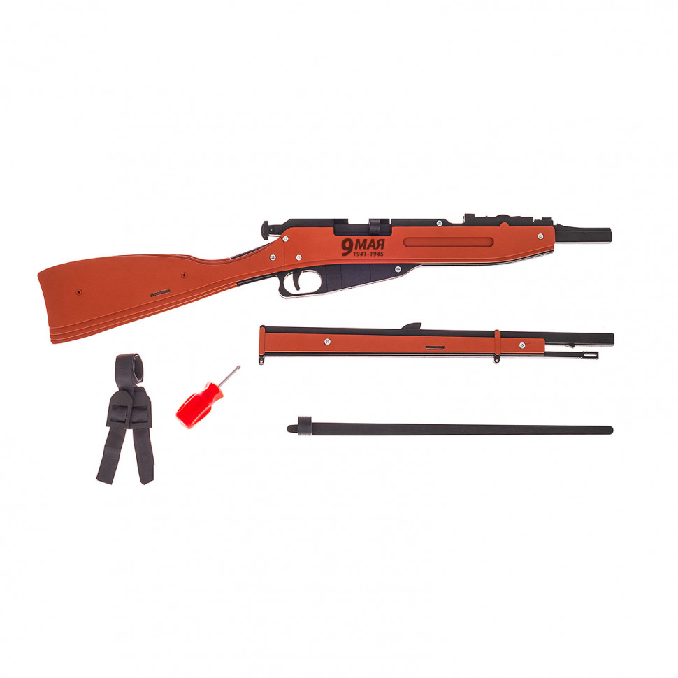 Игрушечная деревянная винтовка Мосина без прицела, стреляет резинками, со штыком с надписью "9 мая"