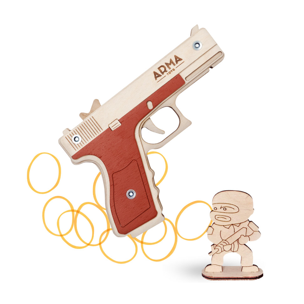Деревянный пистолет «Глок», игрушка-резинкострел ARMA.TOYS, в сборе, многозарядный