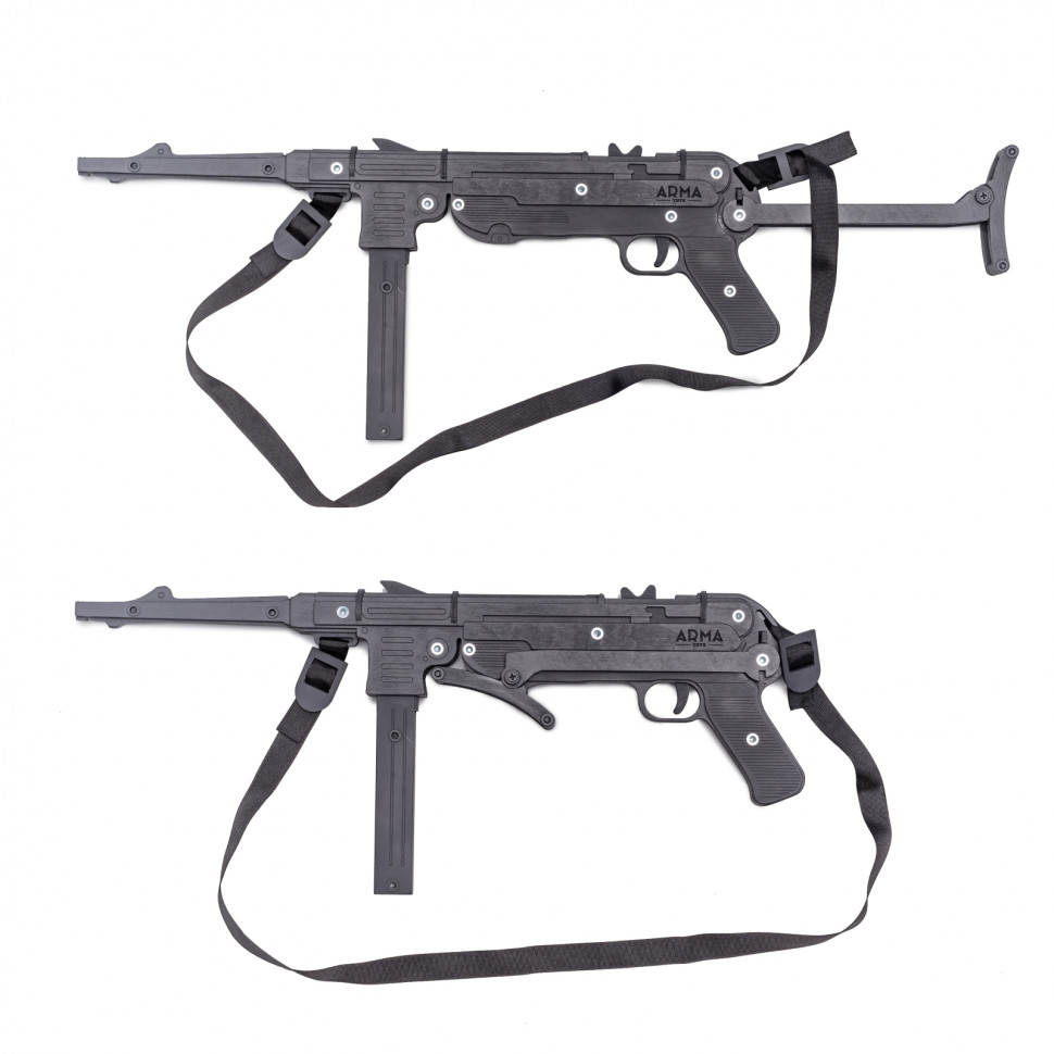 Деревянный автомат МП-40 с откидным прикладом, съемным магазином и стрельбой очередями: резинкострел ARMA.TOYS